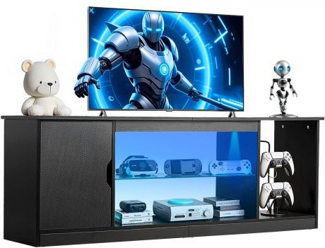 VEVOR Modernes TV-Lowboard aus Holz mit LED-Lichtleiste und Glasregal in Schwarz, passend für Fernseher bis 1651 mm, B: 148,0 cm, H: 52,5 cm, T: 26,7 cm - Bild 1