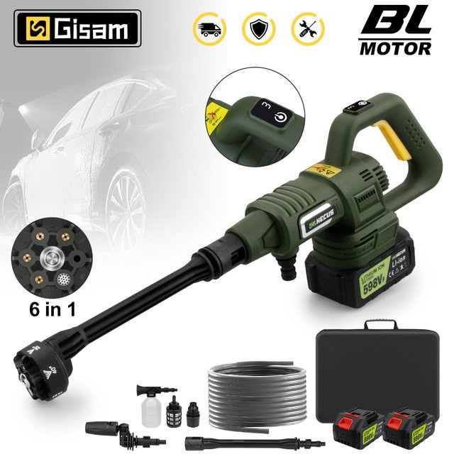 Gisam 6-in-1 Bürstenloser Elektrischer Hochdruck-Autowäscher in Grün, Kabellose Wasserpistole für Makita LXT 18V Akku mit 200 Bar Druck - Bild 1