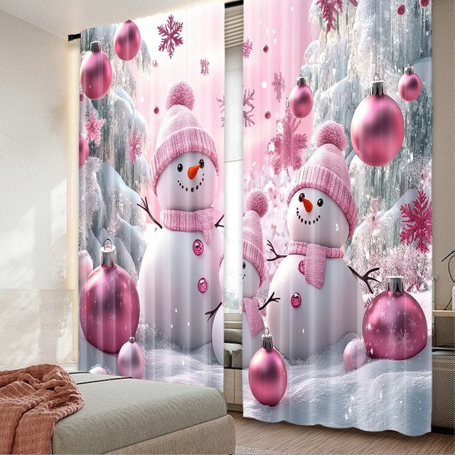 2er-Set SnowyPinkFamily Weihnachts-Vorhänge aus Polyester in Pink mit Digitaldruck als lichtechte Wanddekoration - Bild 1
