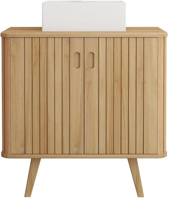 Vente-unique Einzelwaschtisch Wamena aus Massiv-Teakholz und Keramik in Naturfarben, Breite: 80 cm - Bild 1