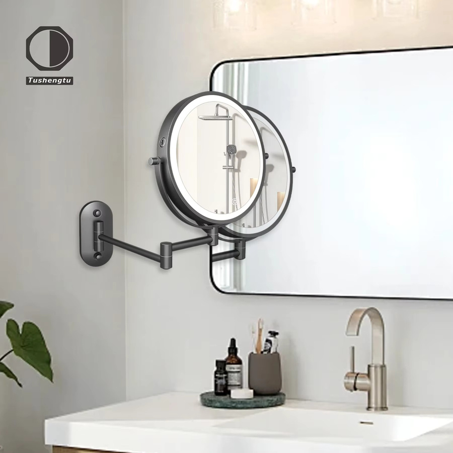 TUSETU Wandmontierter Schminkspiegel mit LED-Beleuchtung, 8 Zoll Rundspiegel mit 10-facher Vergrößerung für Badezimmer und Schminktisch, Silber/Schwarz - Bild 2