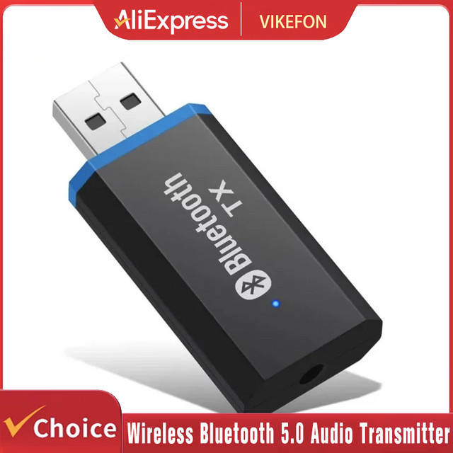 VIKEFON Bluetooth 5.0 Audio-Adapter mit EDR für TV, PC und Kopfhörer, USB und 3,5 mm Klinke, Schwarz und Blau - Bild 1