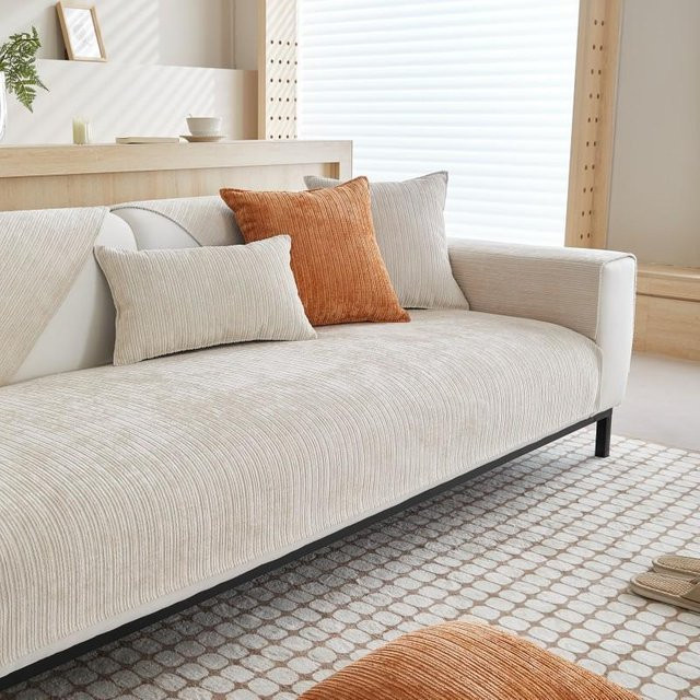 Chenille Sofakissen mit Streifenbezug in Beige, rutschfest und universell einsetzbar, B/B: 70 x 180 cm - Bild 1