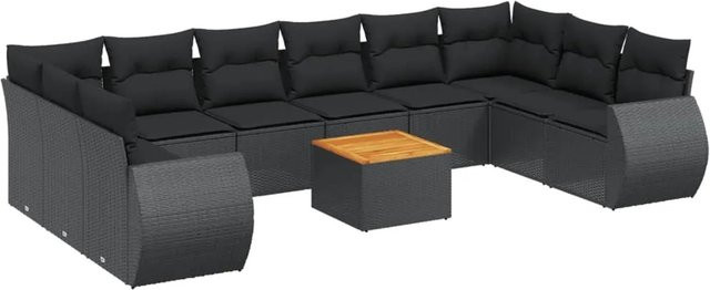 vidaXL 11-teilige Garten-Sofagarnitur in U-Form aus Polyrattan und Akazienholz mit Kissen in Schwarz - Bild 1