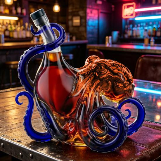 Elyra 3D Oktopus Whiskey-Karaffe aus Glas in Blau, 350 ml dekorative Spirituosenflasche für deine Hausbar - Bild 2