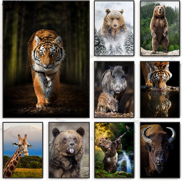Potdemiel Wandkunst Wildtier Poster mit Tiger, Braunbär, Bison und Wildschwein als Leinwandmalerei in Mehrfarbig - Bild 1
