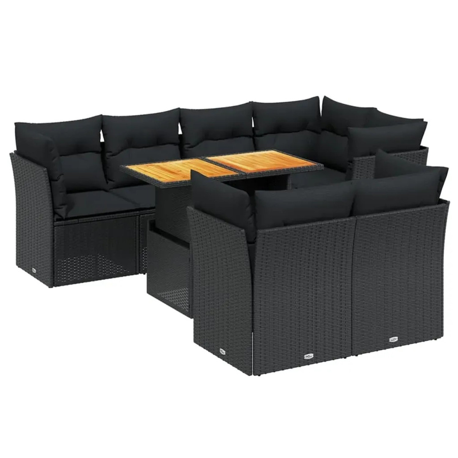 vidaXL 8-teilige Garten-Sofagarnitur in L-Form aus Polyrattan und Akazienholz mit Kissen, Schwarz - Bild 2