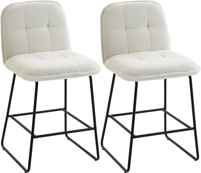 HOMCOM Set mit 2 Barhockern aus Bouclé-Stoff in Creme, gepolsterte Barstühle mit Rückenlehne und Fußstütze, Metallgestell, Sitzhöhe: 66 cm - Bild 1