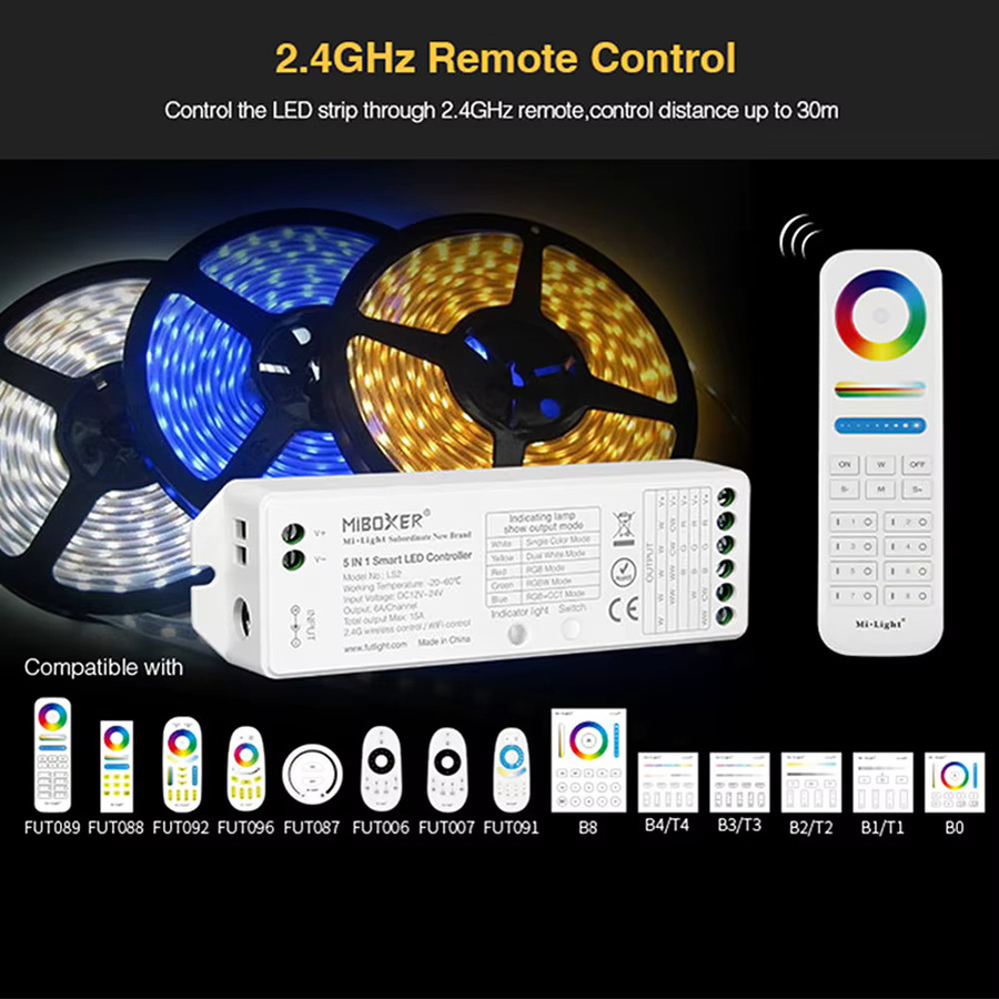 MiBoxer LS2 Smart LED Controller 2,4 GHz RF 5in1 Dimmer für einfarbige, CCT, RGB, RGBW und RGB+CCT LED-Streifen (DC12V-48V) - Bild 3