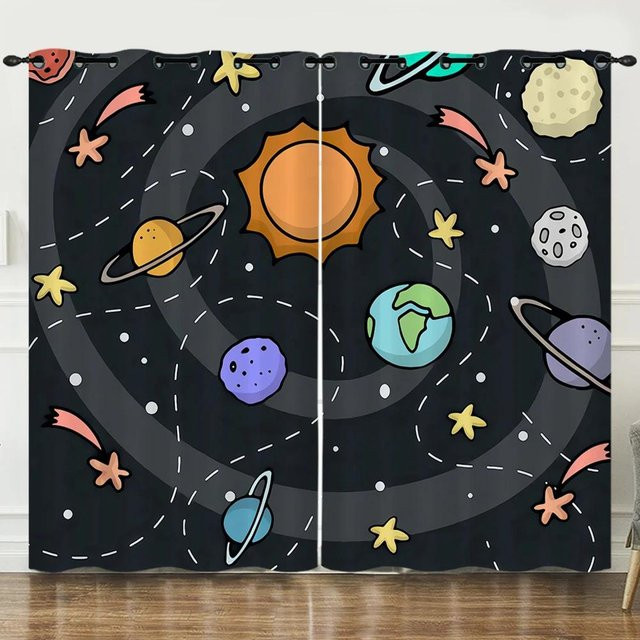 Kinder Vorhang Set mit Weltraum-Motiv Astronaut und Planeten, halbtransparent, Mehrfarbig, B: 50 cm, H: 130 cm, 2 Stück - Bild 1