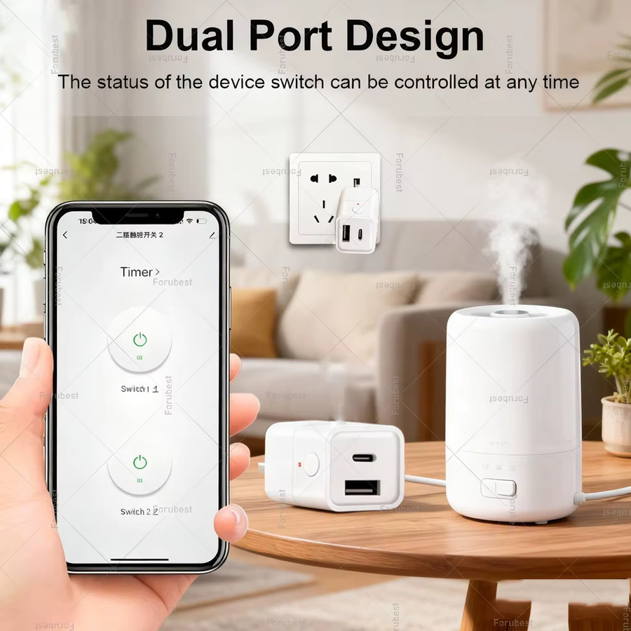 Forubest Zigbee 3.0 Mini Smart Stecker mit Micro-USB und USB-Typ-C Anschluss, weißer Adapter mit Timer-Steuerung für Tuya und Zigbee2MQTT - Bild 1