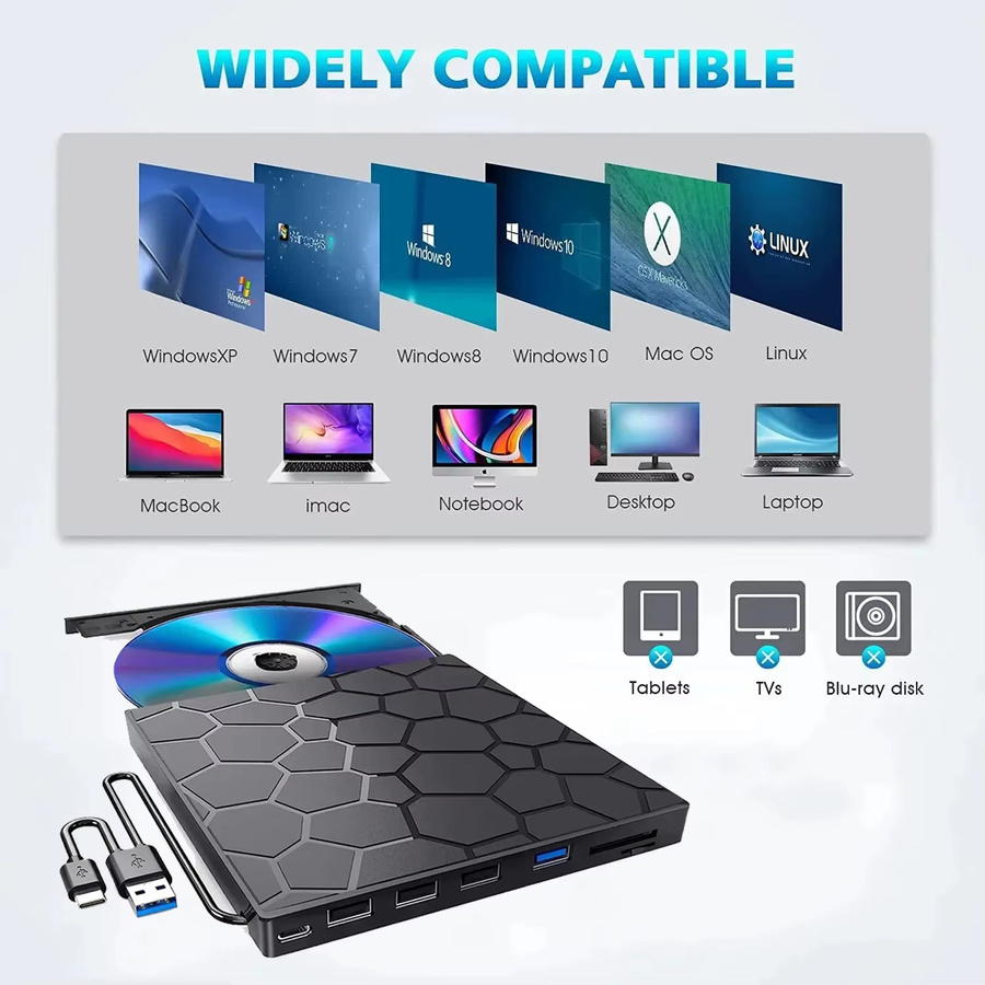 Kebidumei 7-in-1 Externes DVD-Laufwerk mit USB 3.0 und USB-C, CD/DVD-Brenner in Schwarz für Mac, Windows und Linux - Bild 5