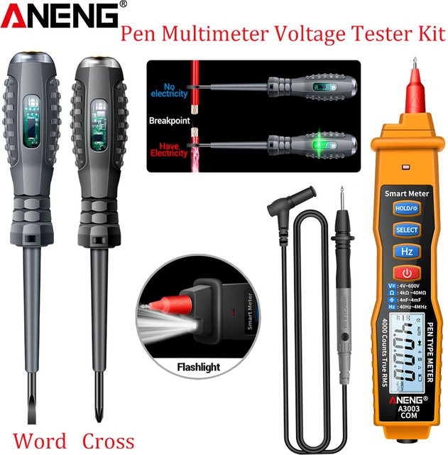 ANENG A3003 Pro Stift-Multimeter und B05 Spannungsprüfer Set, tragbares Elektriker-Werkzeug für 90-250V mit Neon-Voltstift für KFZ und Heimwerk - Bild 1