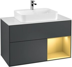 V&B Waschtischunterschrank Finion 100 mit Wandbeleuchtung und Regalsystem, lackiert, B/T/H: 100 x 50,1 x 50,1 cm - Bild 1