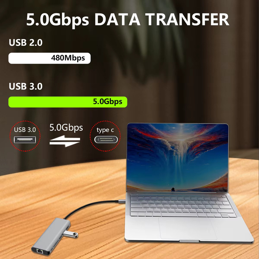 Gopala 7-in-1 USB-C Multi-Hub-Dockingstation in Grau mit HDMI, PD 100W, RJ45, SD/TF-Kartenleser und USB 3.0 für MacBook und Laptop - Bild 4