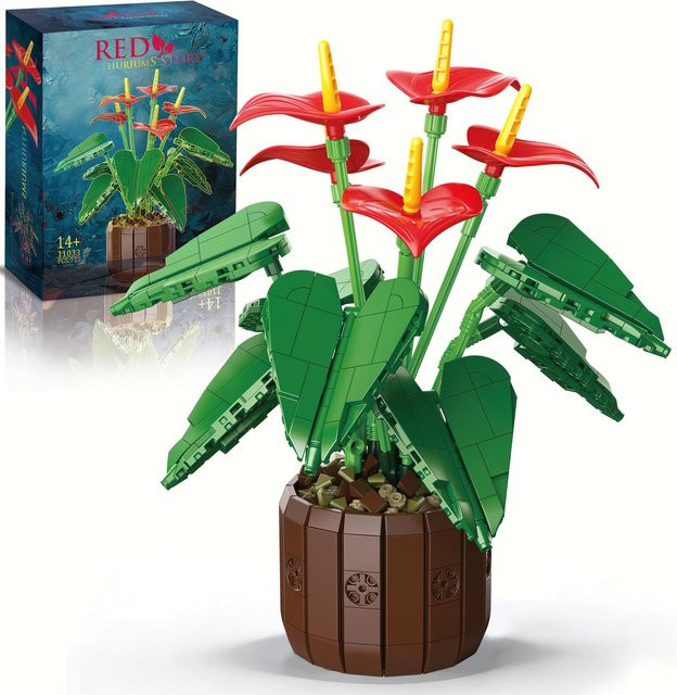 AMAZINGBLOKS Roter Anthurium-Blumen-Bonsai, Baukasten, 732 Teile, ab 14 Jahren - Bild 1