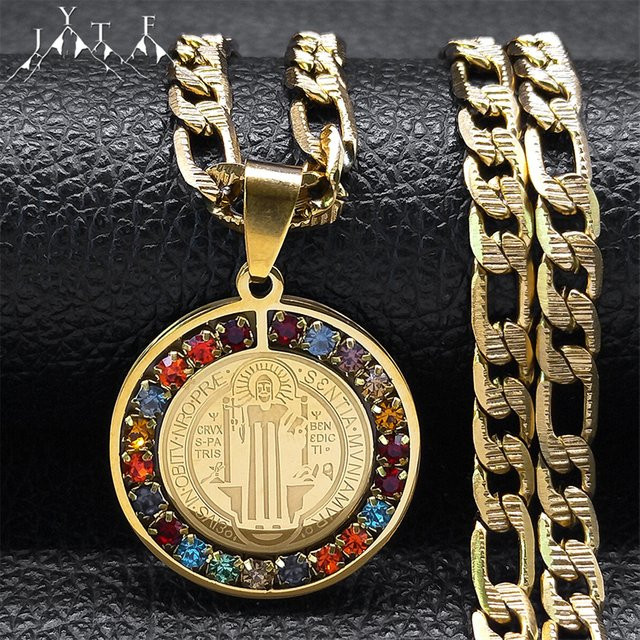 JYTF Halskette Saint Benedict Medaille, Edelstahl, Goldfarbe, Unisex - Bild 1