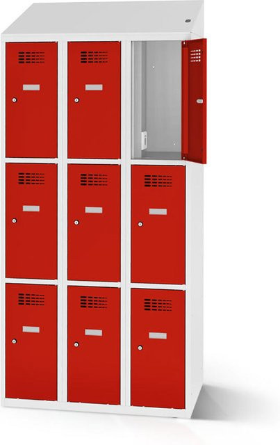 rotstahl Fächerschrank mit 9 Fächern und Ladefunktion, Farbe Rot, Korpus Lichtgrau, B: 120 cm, H: 200 cm - Bild 1