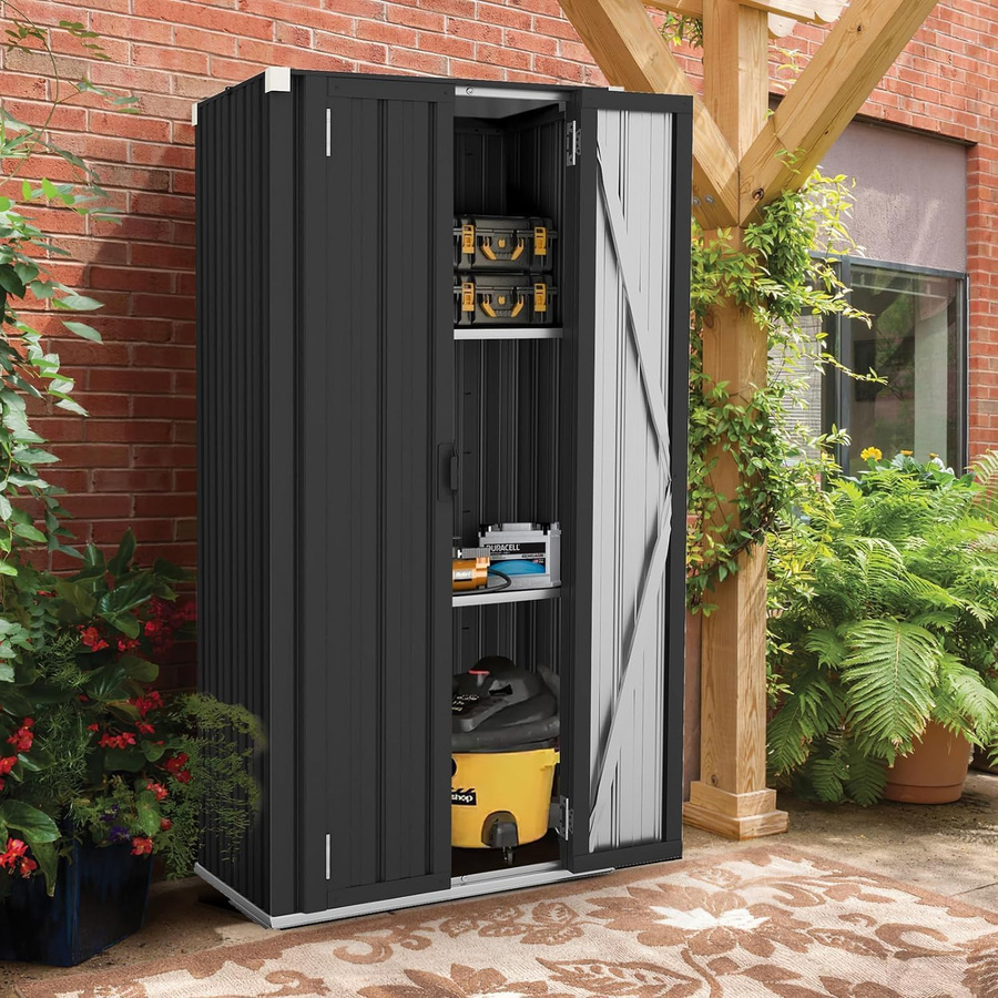 YODOLLA Hoher Outdoor Garten-Aufbewahrungsschrank aus Metall mit 3 verstellbaren Regalen und Scharniertüren, Wetterfestes Metallschränkchen für Garten, Garage oder Terrasse, Dunkelgrau Matt - Bild 8