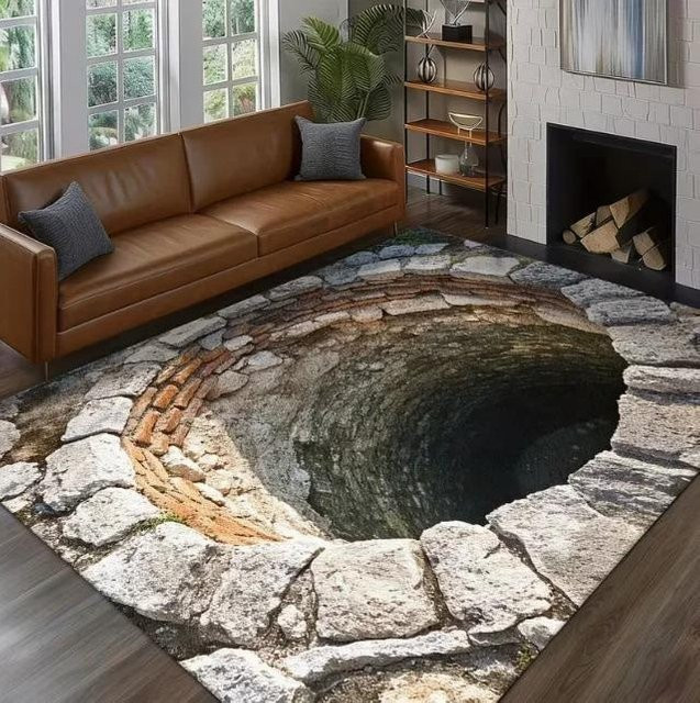 LjqEleven 3D Visuelle Illusion Fußmatte mit dunklem Stein-Lochmuster in Grau, B/T: 60 x 40 cm - Bild 1