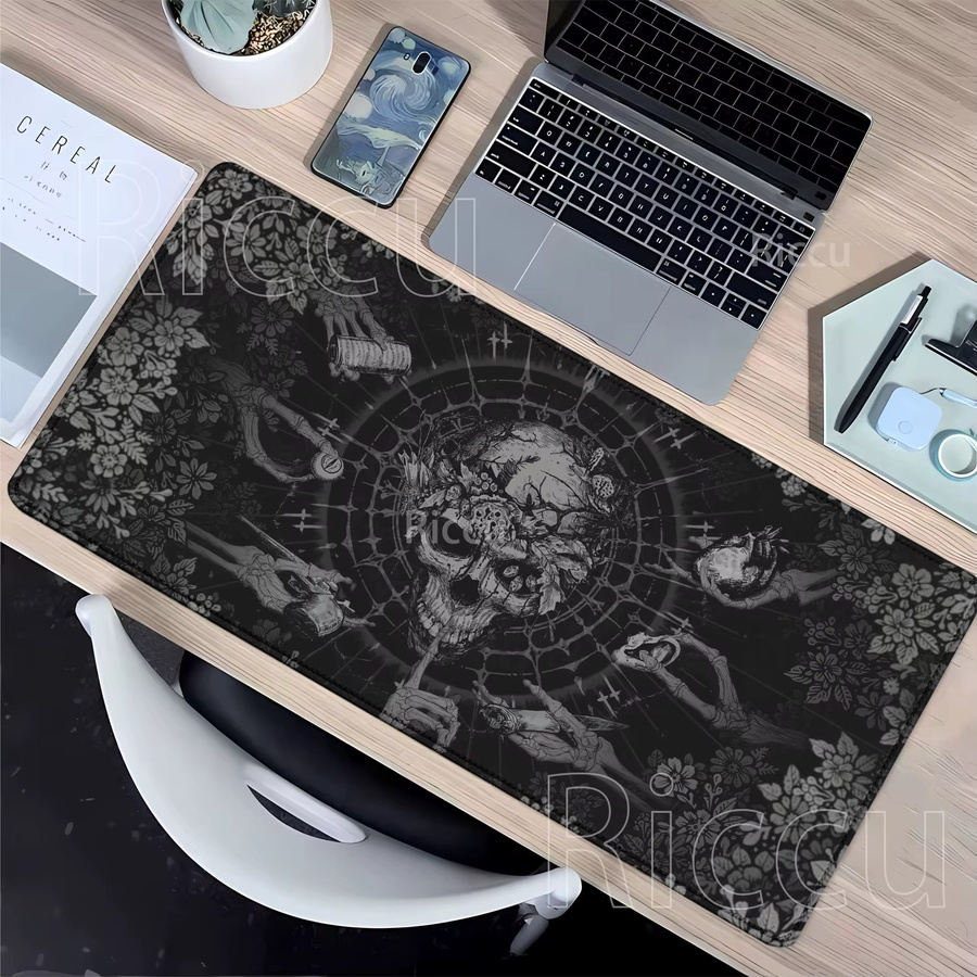 Riccu Horror-Mauspad mit Skelett-Schädel Design in Schwarz-Weiß, rutschfeste Gaming-Schreibtischunterlage aus Gummi mit HD-Druck - Bild 2