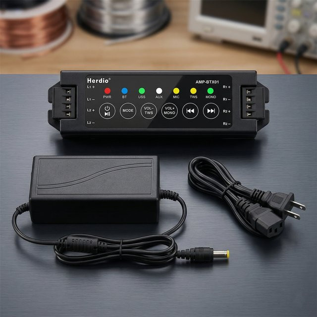 Herdio 4-Kanal Slim Bluetooth-Verstärker mit TWS, AUX, MIC und USB in Schwarz für passive Wand- und Deckenlautsprecher inklusive 24V 3A Netzteil - Bild 1