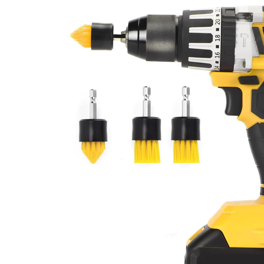 VIBRATITE 4-teiliges Reinigungsbürsten-Aufsatz-Set für Akku-Bohrschrauber in Blau und Gelb mit konischen und flachen Bürsten zur Reinigung von Fliesenmörtel - Bild 2