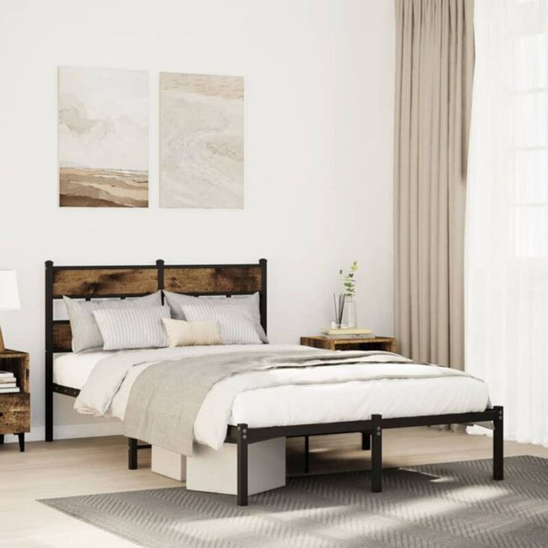Metallbett Vidaxl im Industrial Design aus Metall und Holzwerkstoff in Räuchereiche, B/T/H: 120 x 200 x 91,5 cm - Bild 1