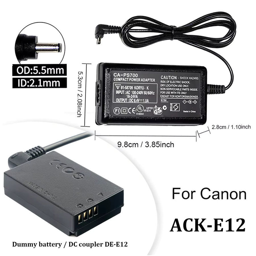 Canon ACK-E12 AC-Netzteil mit DR-E12 DC-Koppler Dummy-Akku für EOS M, M2, M10, M100, M200 in Schwarz - Bild 3