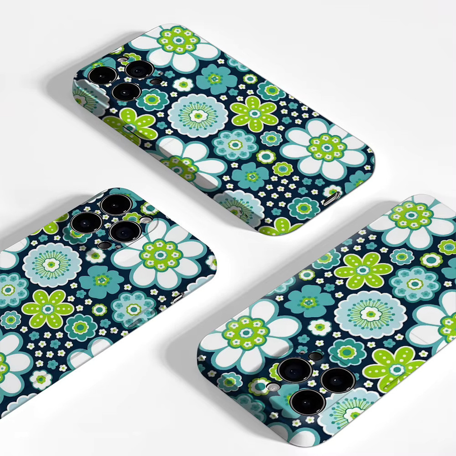 Handyhülle mit blauem und grünem Blumendruck für Apple iPhone 11 bis iPhone 17 Pro Max Plus mit doppelschichtiger Rückseite - Bild 3