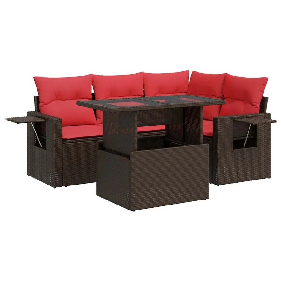 vidaXL 5-teilige Garten-Sofagarnitur in L-Form aus braunem Poly Rattan und Akazie mit wetterfesten Kissen und Armlehnen - Bild 2