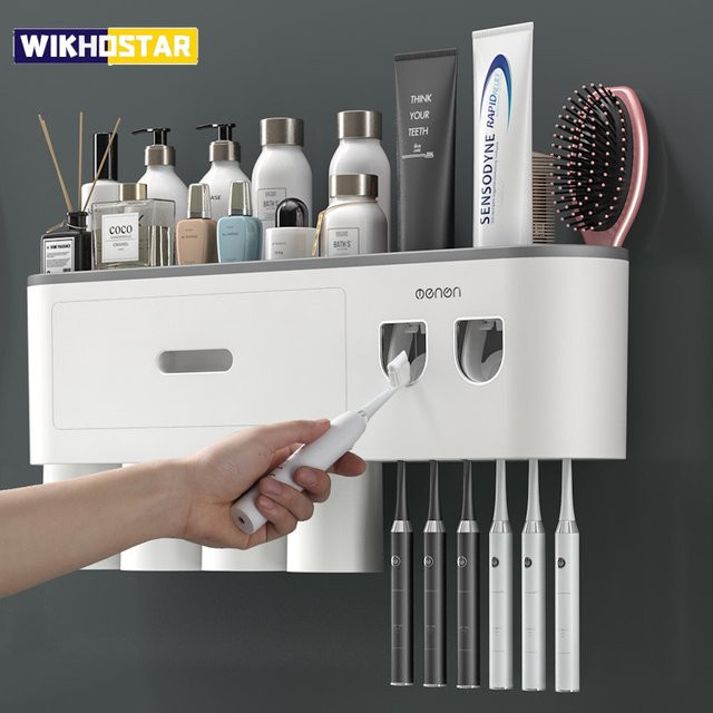 Wikho Wandmontierter Zahnbürstenhalter mit magnetischer Adsorption und automatischem Zahnpasta Spender in Weiß - Bild 1