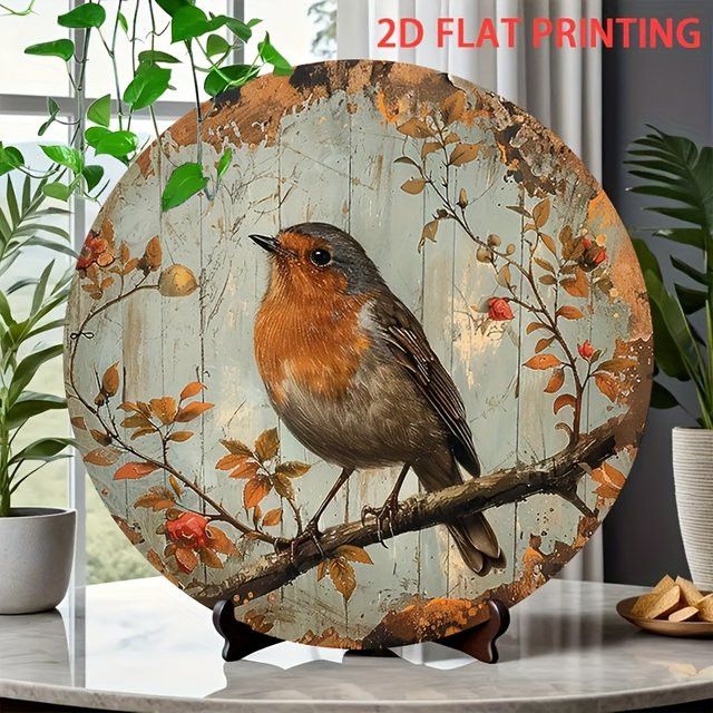 Runde Wanddekoration aus Schmiedeeisen von Potdemiel mit Vintage Robin auf Ast, Durchmesser: 19,81 cm - Bild 1