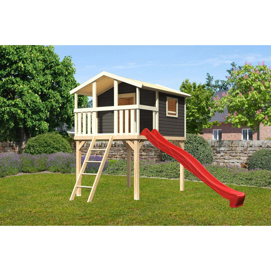 Karibu Stelzenhaus Benjamin in Terragrau mit Holzleiter und roter Rutsche, B/H/T: 225 x 309 x 250 cm - Bild 2