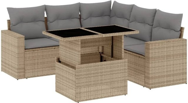 vidaXL 6-teilige Garten-Sofagarnitur aus Poly-Rattan mit Kissen in Beige-grau - Bild 1