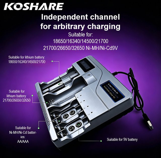 KOSHARE LED Smart Batterieladegerät für Ni-MH, Ni-Cd und Lithium-Akkus (AA, AAA, 9V, 18650, 16340, 14500, 21700, 26650, 32650) - Bild 1