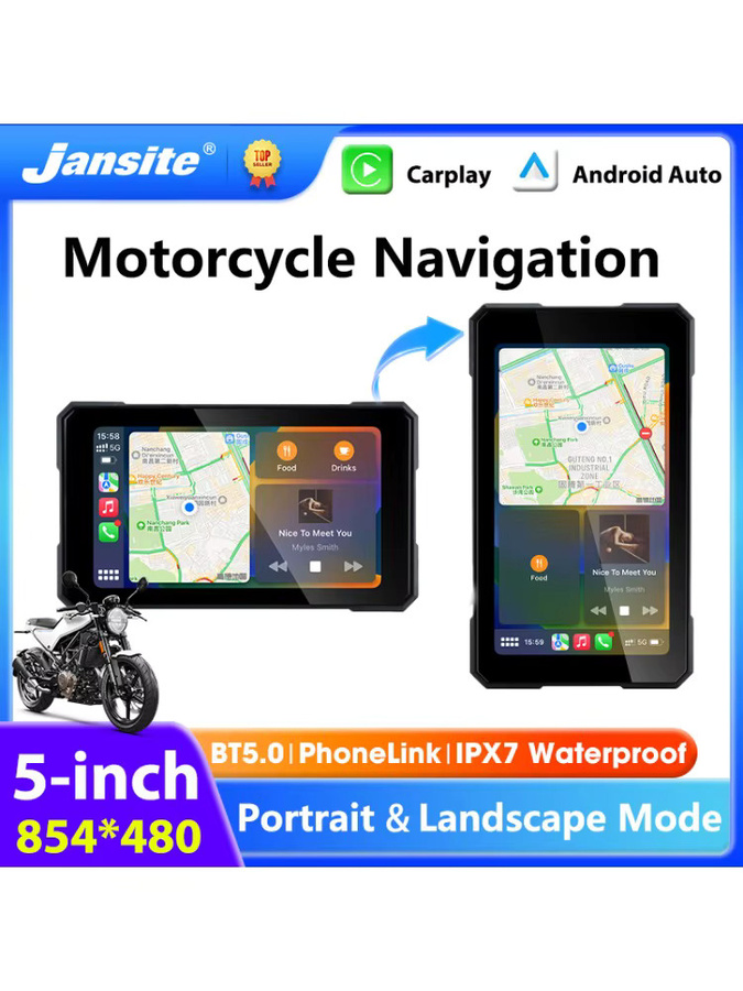 Jansite 5-Zoll Motorrad-Bildschirm mit kabellosem CarPlay und Android Auto, tragbares digitales Armaturenbrett mit GPS-Navigation, Schwarz - Bild 4