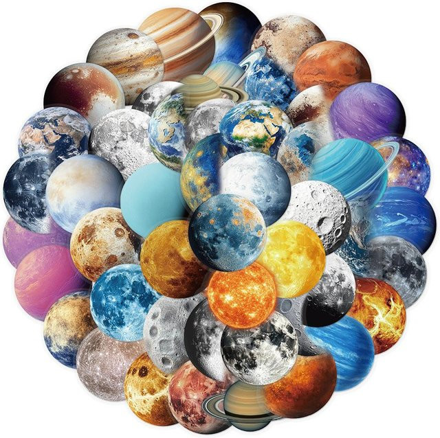 50 Stück Rui Di Planet Raumstation Aufkleber Transparent mit Sternen und Cartoon Motiven für DIY Graffiti und Gepäck - Bild 1