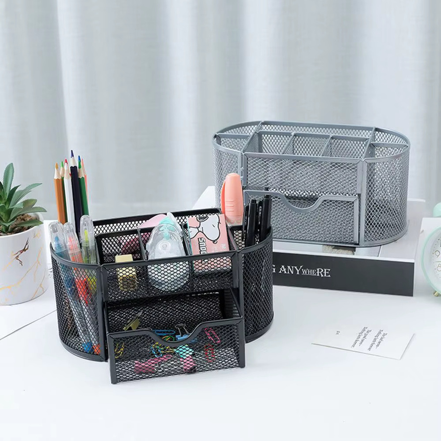 Schreibtisch Organizer aus Metall mit 9 Fächern und Schublade für Büro und Schule, Schwarz oder Silber - Bild 3