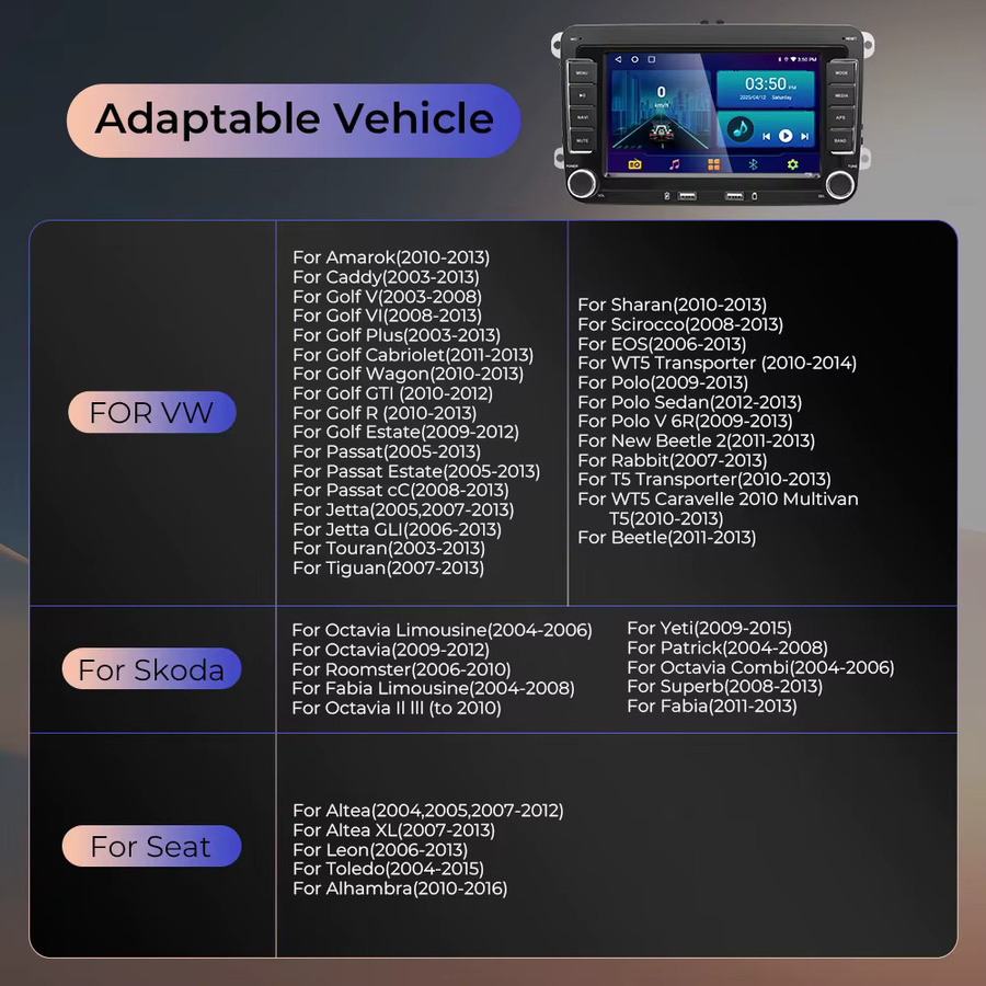 GEARELEC Android 14 Autoradio 2 Din Multimedia-Player mit WiFi, GPS und Carplay in Schwarz für VW Volkswagen Skoda Octavia Golf 5 6 Touran Passat B6 Polo - Bild 2