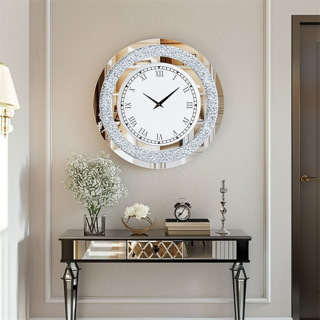 Luvodi Wanduhr in Silber und Beige mit runden Diamant-Kristallen und Glaselementen - Bild 1