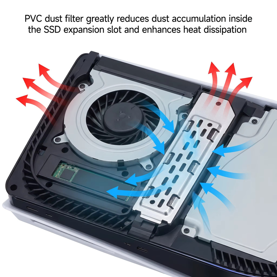 TECTINTER Kühlkörper-Staubschutz für PS5 Slim und PS5 Pro in Schwarz mit M.2 SSD-Verlängerungssteckplatz und atmungsaktivem Metall-Wärmegehäuse - Bild 2