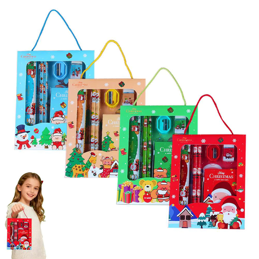 Weihnachten Schreibwaren Set mit Bleistiften, Spitzern und Radiergummis in Grün und Multicolour, 6-teiliges Kawaii Schulset für Kinder - Bild 3