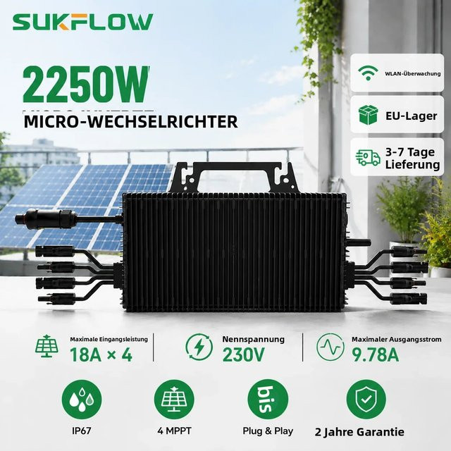 Sukflow Mikro-Wechselrichter 2250W mit 4 MPPT und WiFi-Überwachung, Schwarz, IP67 Solar-Wechselrichter für EU-PV-Systeme - Bild 1