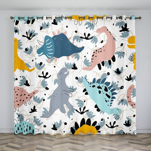 Yiran Furniture Dinosaur Kindergardinen Set mit Cartoon Motiv, 2er Pack, halbtransparent, Mehrfarbig, Breite: 100 cm, Höhe: 130 cm - Bild 1