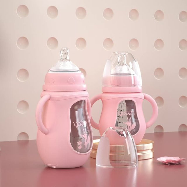 SLAIXIU Weithals-Babyflasche aus Glas mit Silikonhülle in Pink, BPA-freies Stillset mit Anti-Kolik-Ventil für Neugeborene - Bild 1