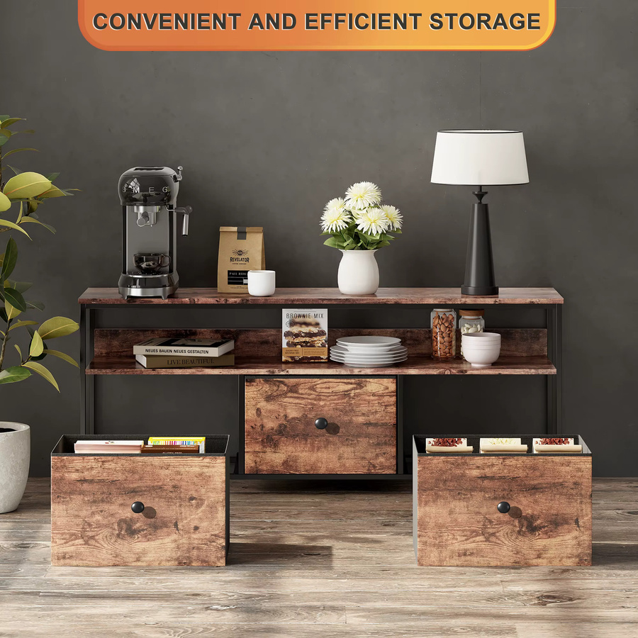 Comanlai Vintage-TV-Schrank in Braun mit 3 Stoffschubladen und LED-Leuchten, B/T/H: 108 x 29,8 x 57 cm - Bild 3