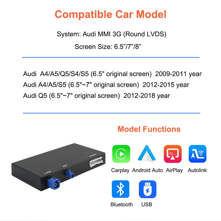 Bonroad Kabelloses CarPlay und Android Auto Nachrüst-Kit für Audi A4 A5 Q5 S5 B8 (2008-2016) mit 3G MMI und MMI 2G, Mirror Link und AirPlay, Schwarz - Bild 3