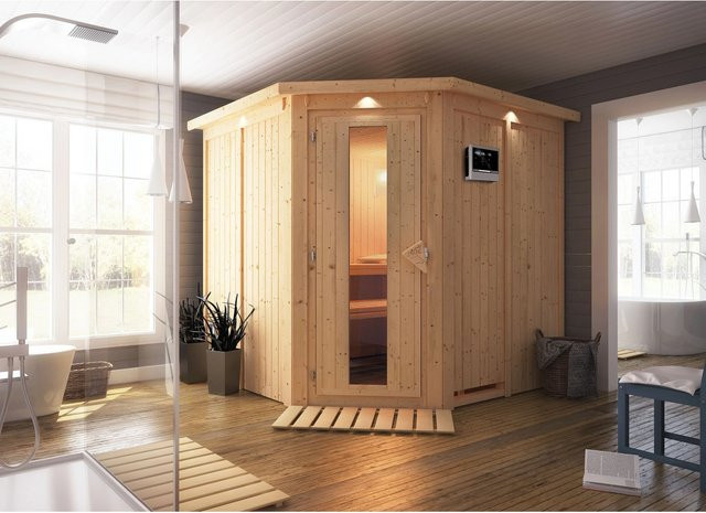 Karibu Sauna Jorma Bio-Kombisauna aus Fichte mit 9,0 kW Bio-Ofen, externem LED-Steuergerät und Dachkranz in Natur/Braun/Weiss, B/T/H: 210 x 202 x 210 cm - Bild 2