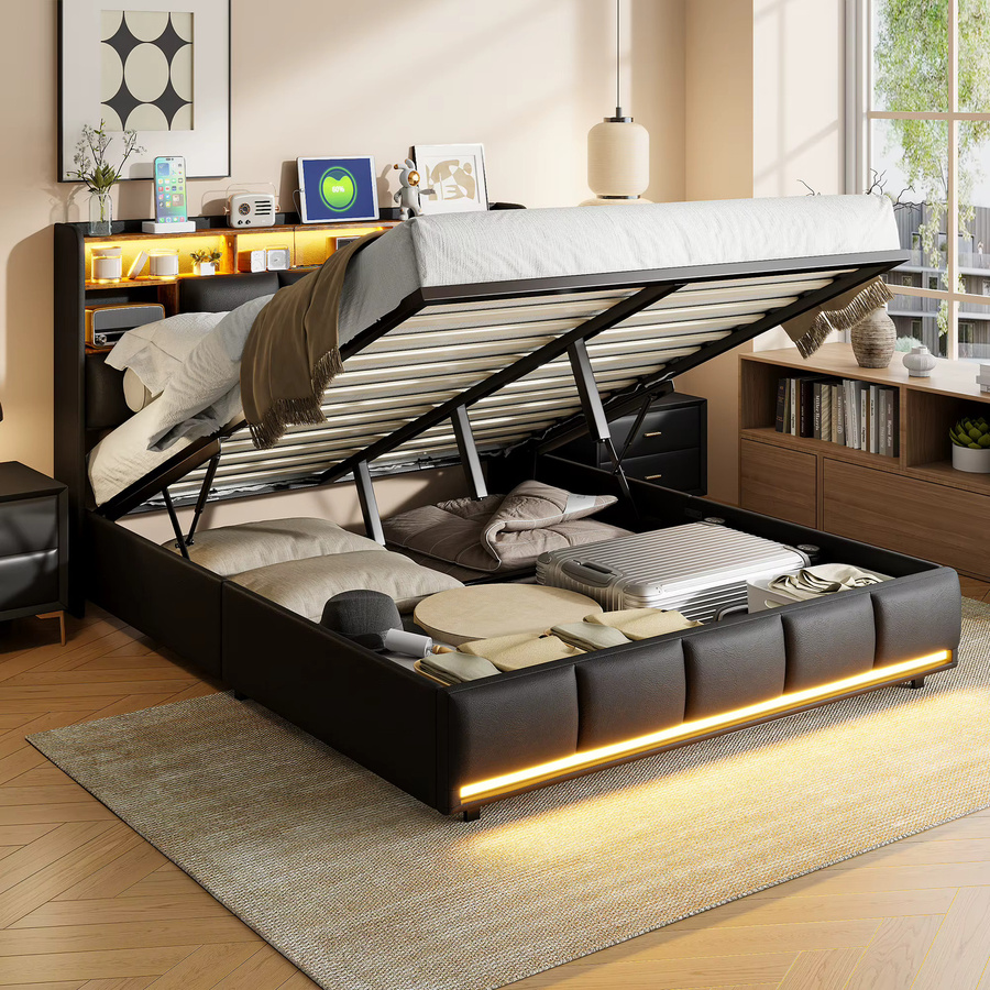 Rosahqnda Doppelbett für Erwachsene mit LED-Beleuchtung und Ablagefächern, gepolstert, Farbe: Schwarz, B/T/H: 160 x 200 cm - Bild 3